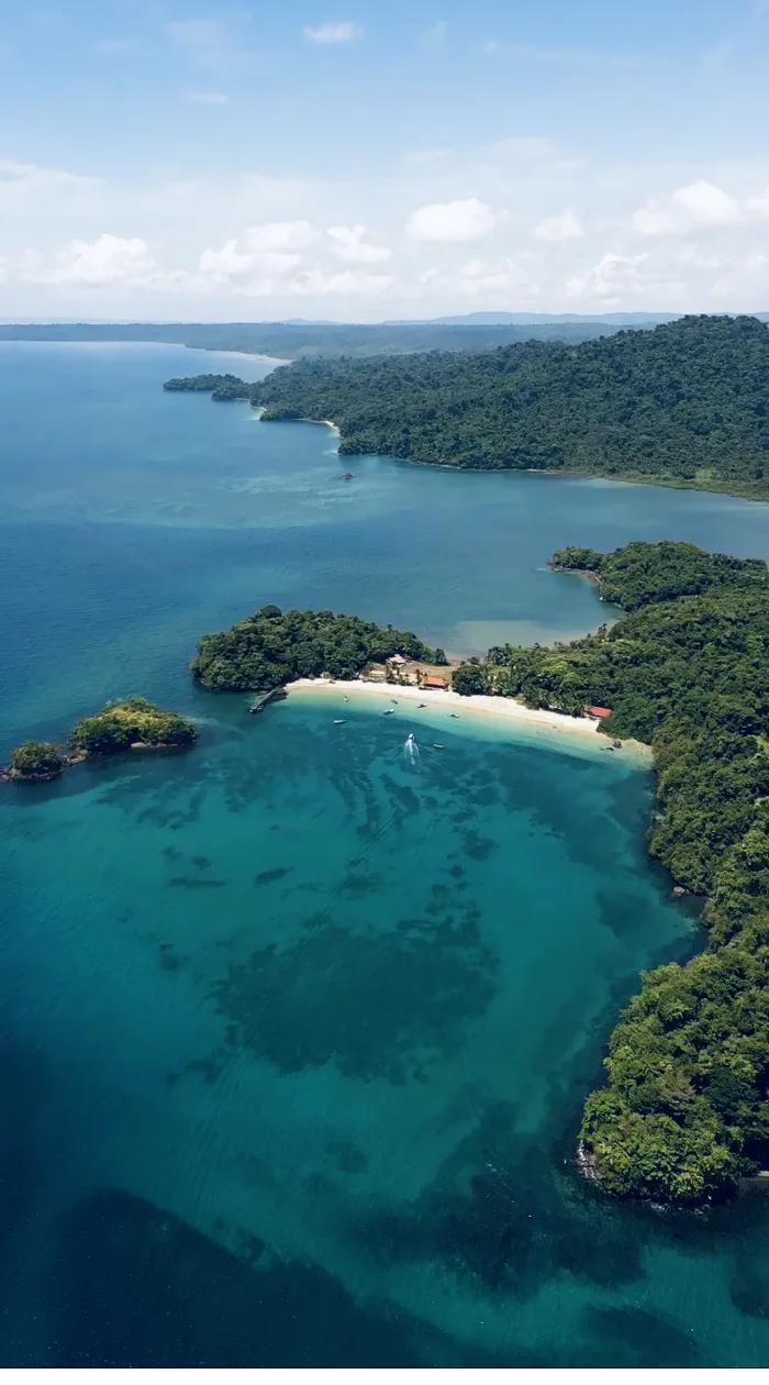 Aerial view of Coiba Island beaches, turquoise water and jungle, Panama