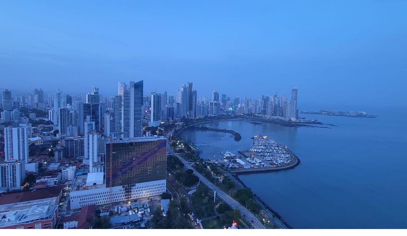 Panama City skyline at dusk over the bay, Panama
