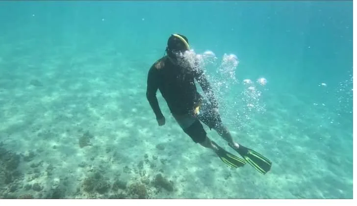 A snorkeler gliding through clear turquoise water in Coiba National Park, Panama